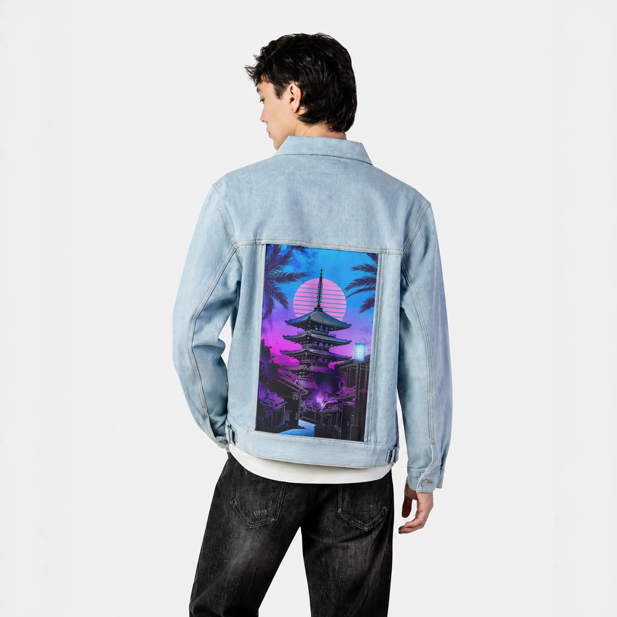 souloftheretroyasakapagoda patch on male og denim jacket in oceanside