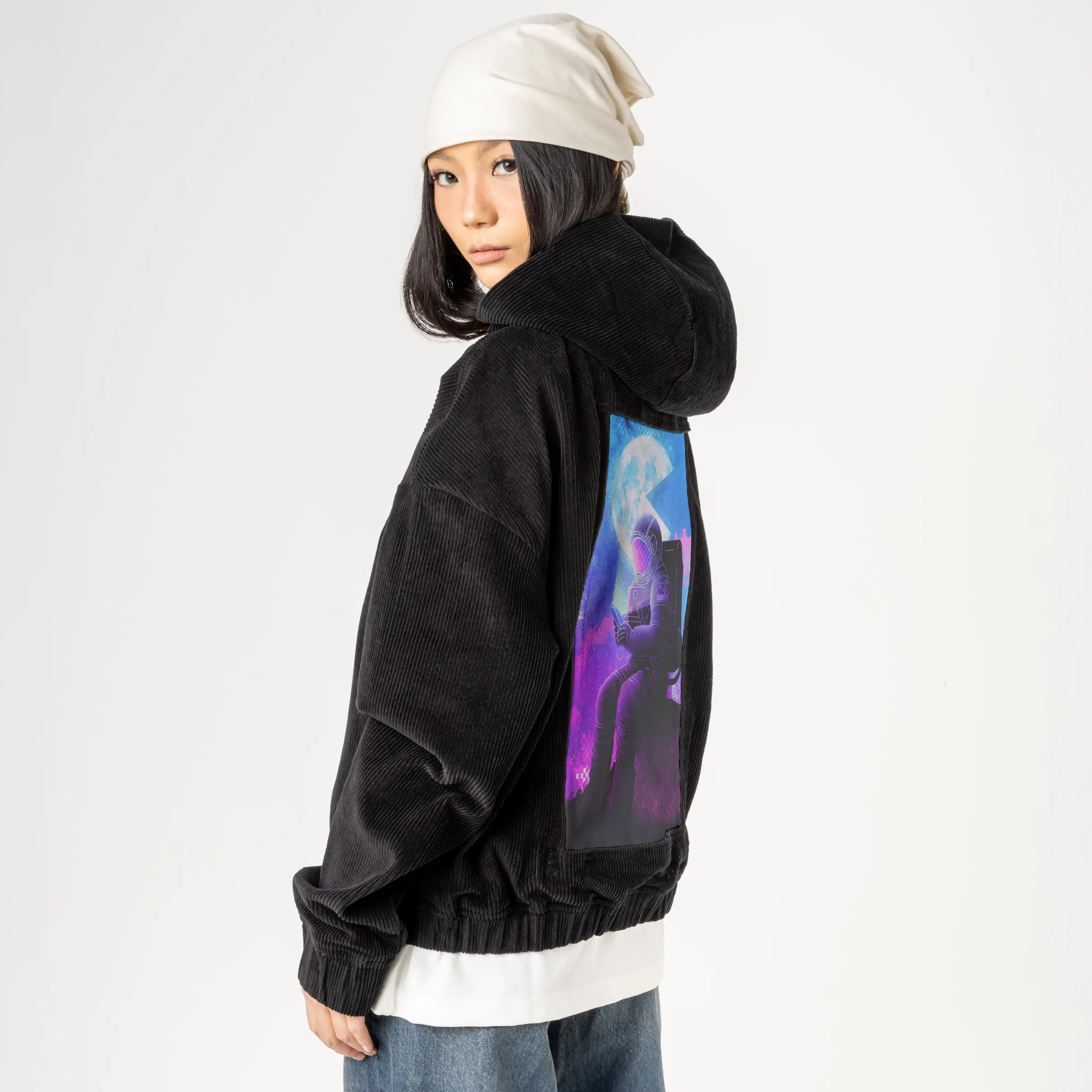 soulofthespacegamer patch on female retro cord hoodie in onyx
