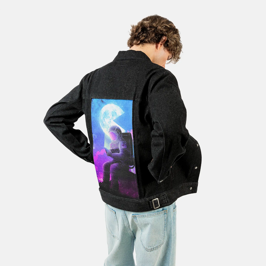 soulofthespacegamer patch on male og denim jacket in raven