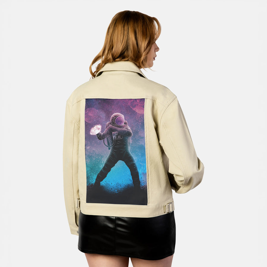soulofthespacequarterback patch on female atelier canvas jacket in tan