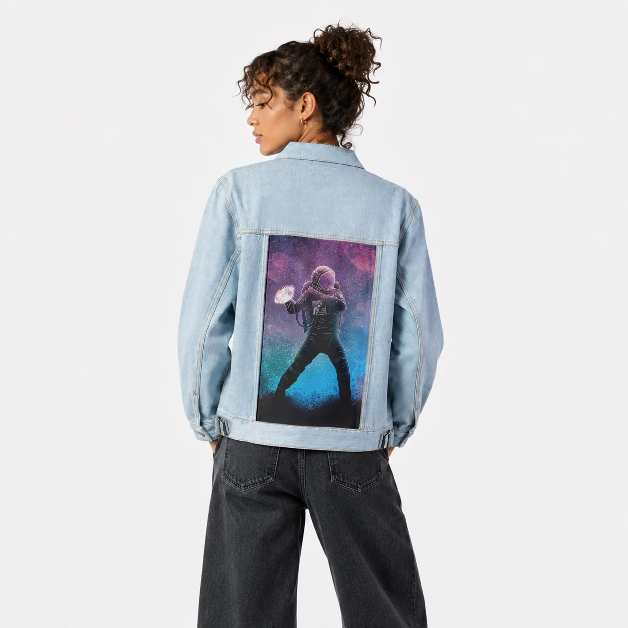 soulofthespacequarterback patch on female og denim jacket in oceanside