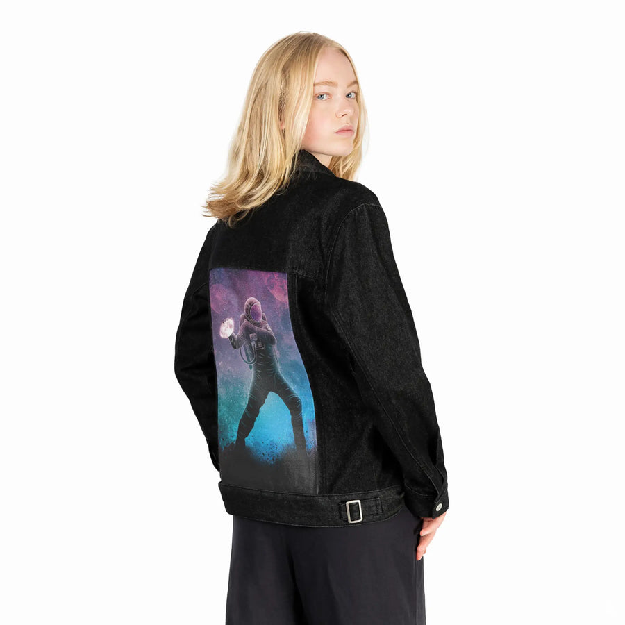 soulofthespacequarterback patch on female og denim jacket in raven