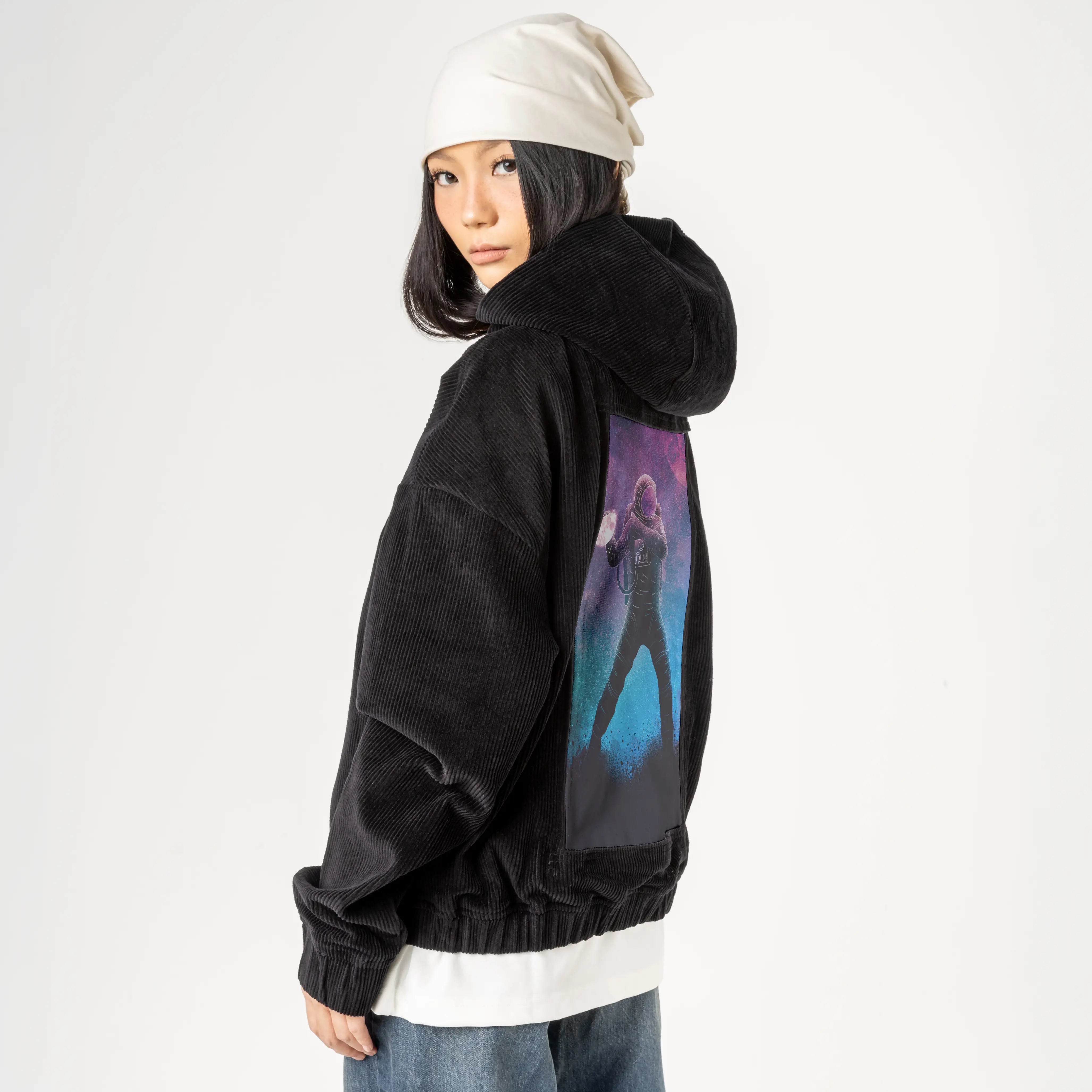 soulofthespacequarterback patch on female retro cord hoodie in onyx