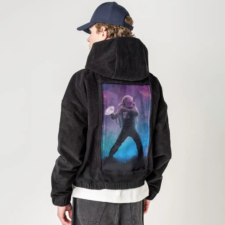 soulofthespacequarterback patch on male retro cord hoodie in onyx