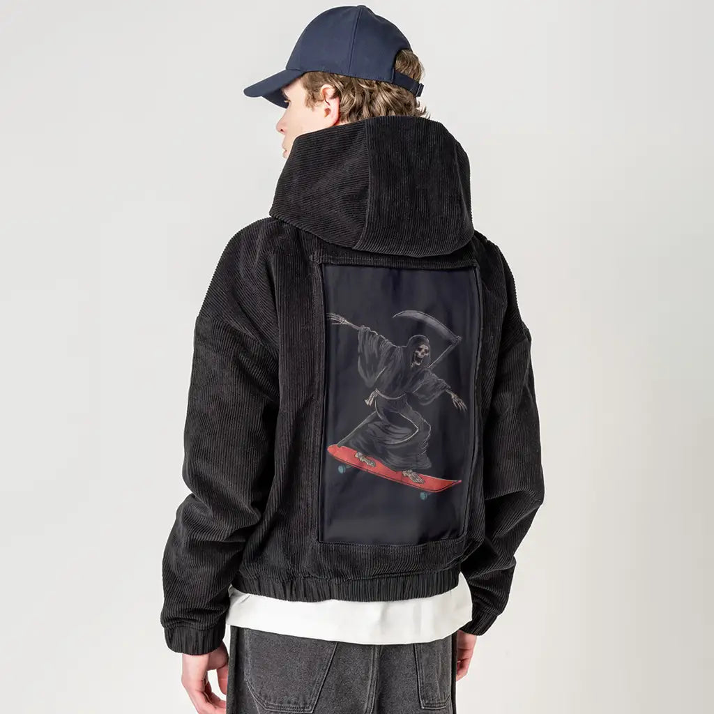 soulskate patch on male retro cord hoodie in onyx