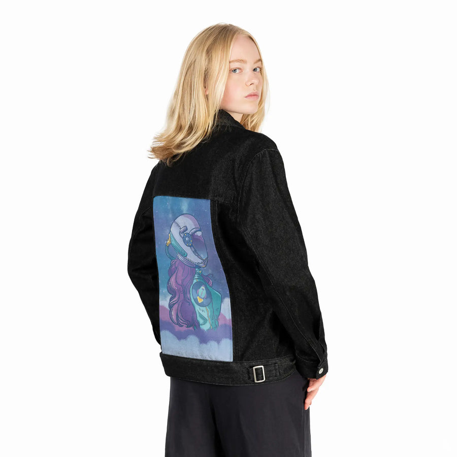 spacecase patch on female og denim jacket in raven