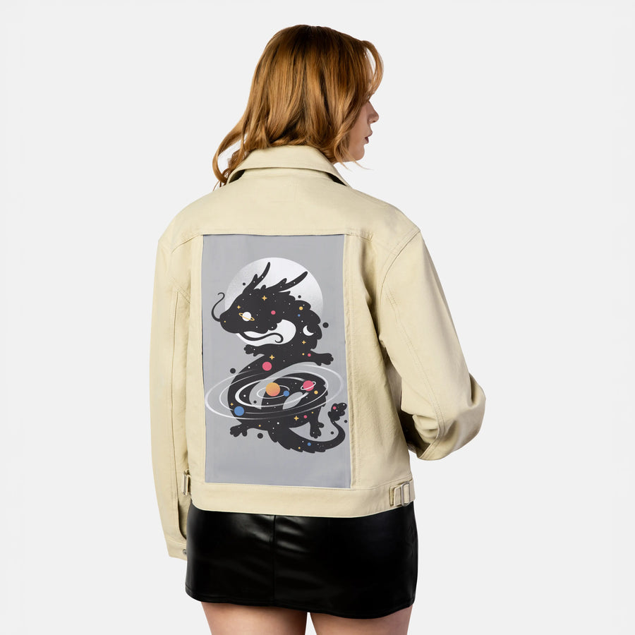 spacedragon patch on female atelier canvas jacket in tan