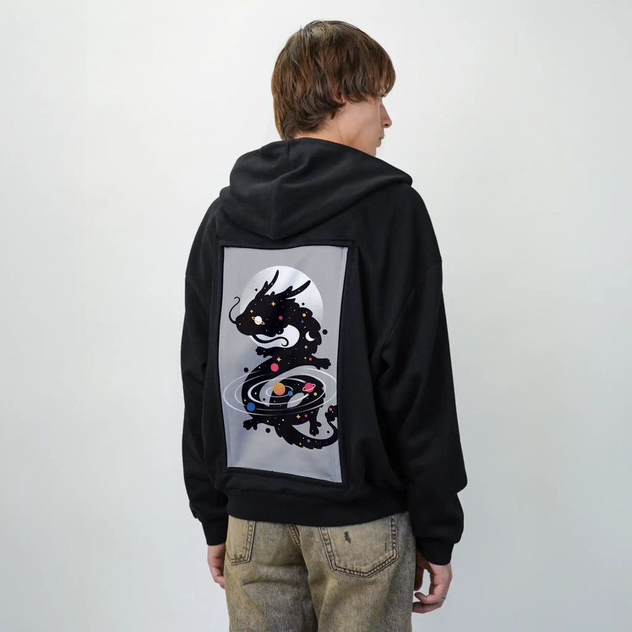 spacedragon patch on male essential zip hoodie in after hours