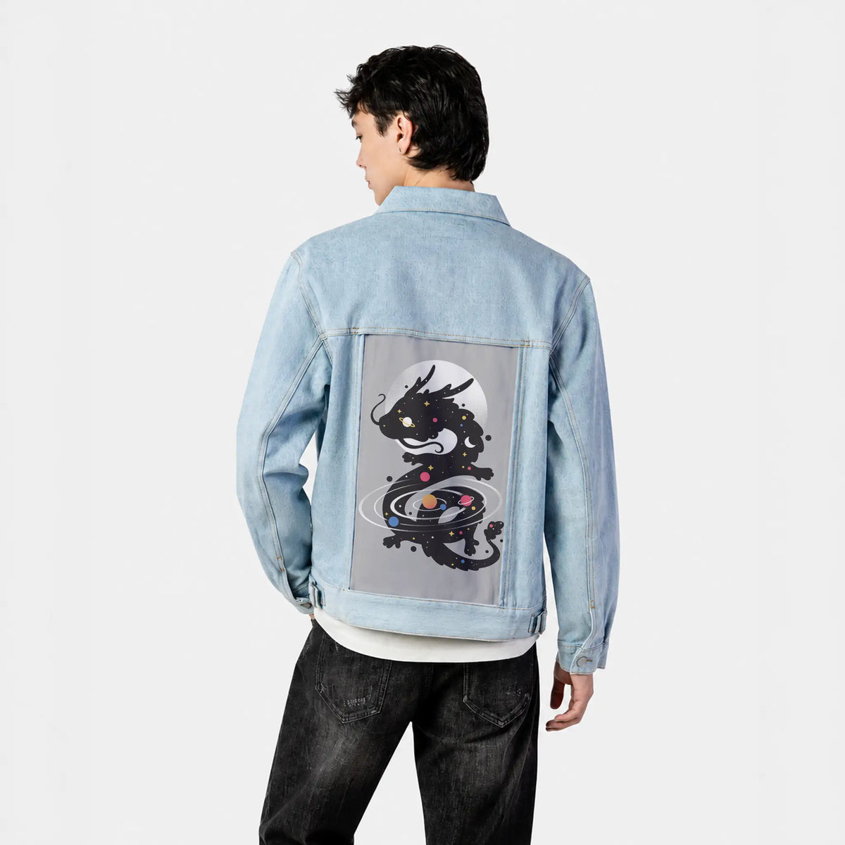 spacedragon patch on male og denim jacket in oceanside