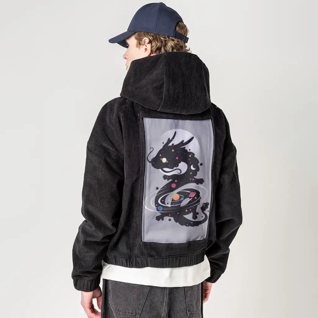 spacedragon patch on male retro cord hoodie in onyx