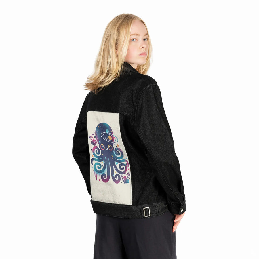 spaceoctopus patch on female og denim jacket in raven