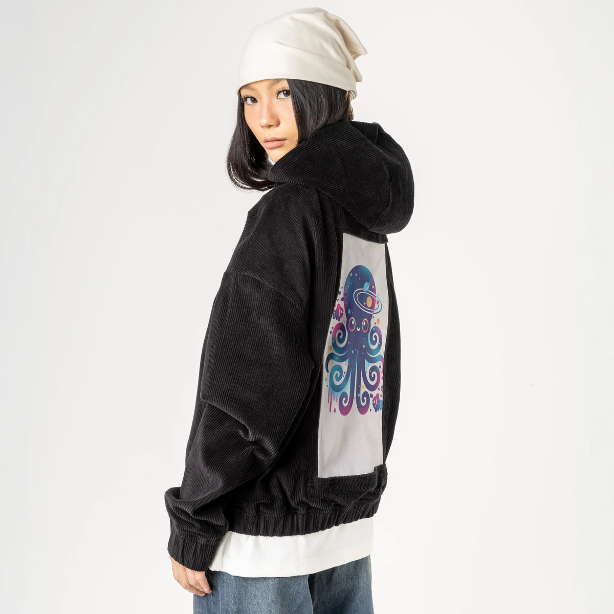 spaceoctopus patch on female retro cord hoodie in onyx