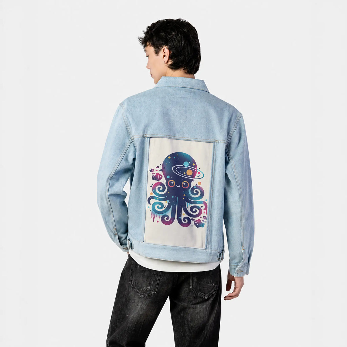 spaceoctopus patch on male og denim jacket in oceanside