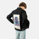 spaceoctopus patch on male og denim jacket in raven
