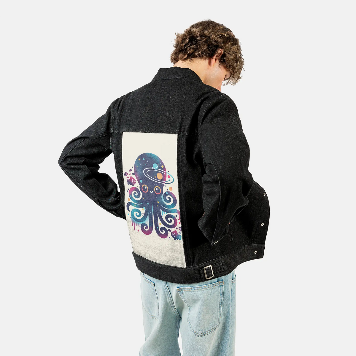 spaceoctopus patch on male og denim jacket in raven