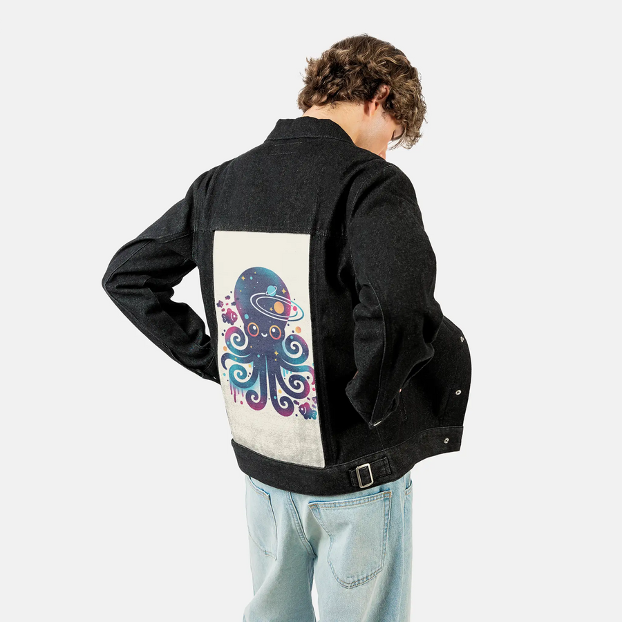 spaceoctopus patch on male og denim jacket in raven