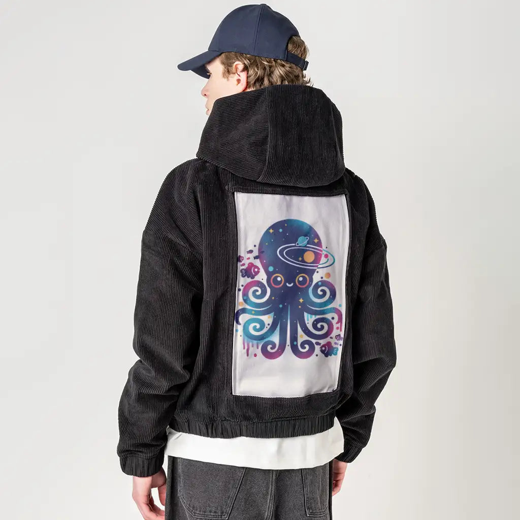 spaceoctopus patch on male retro cord hoodie in onyx