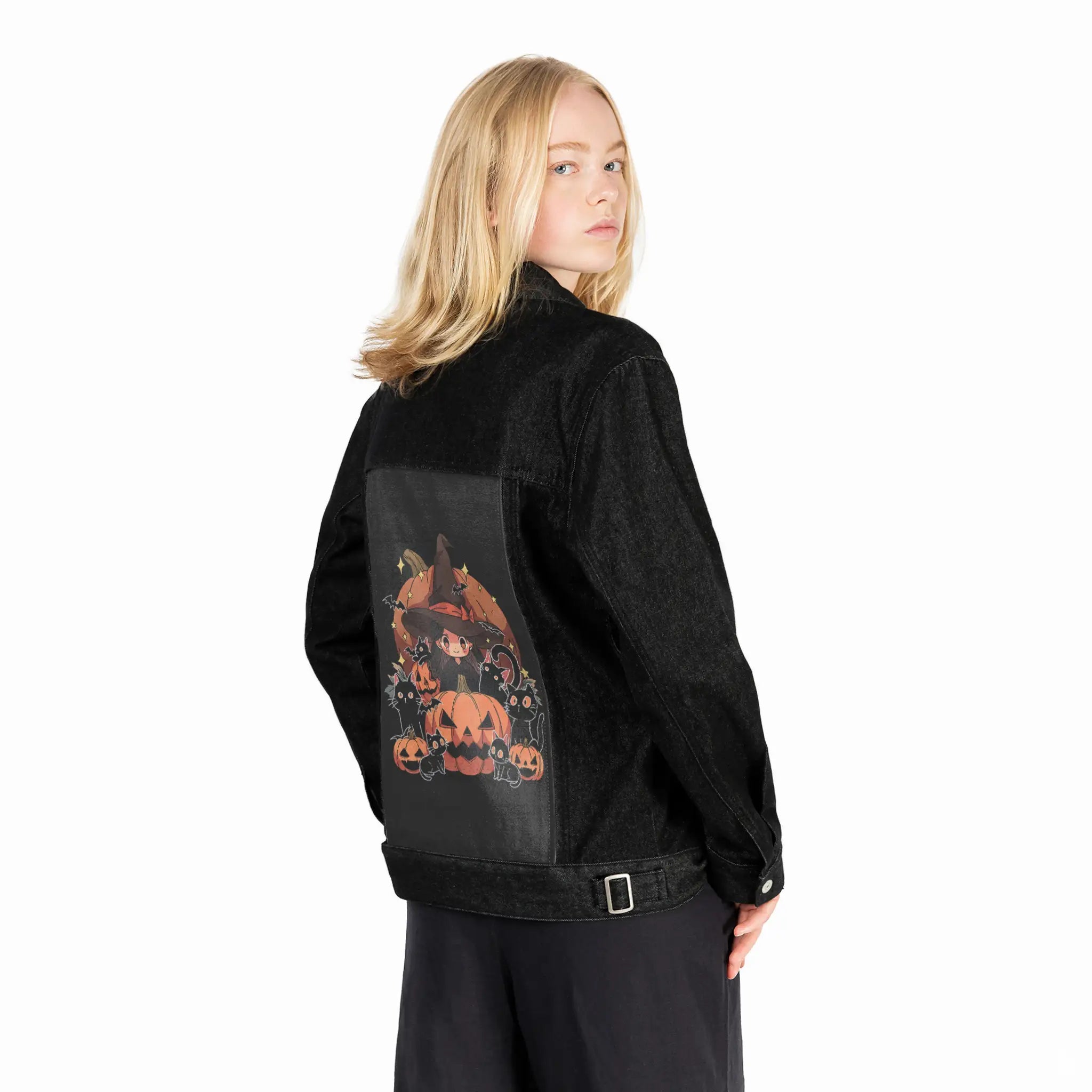 spellboundkitties patch on female og denim jacket in raven