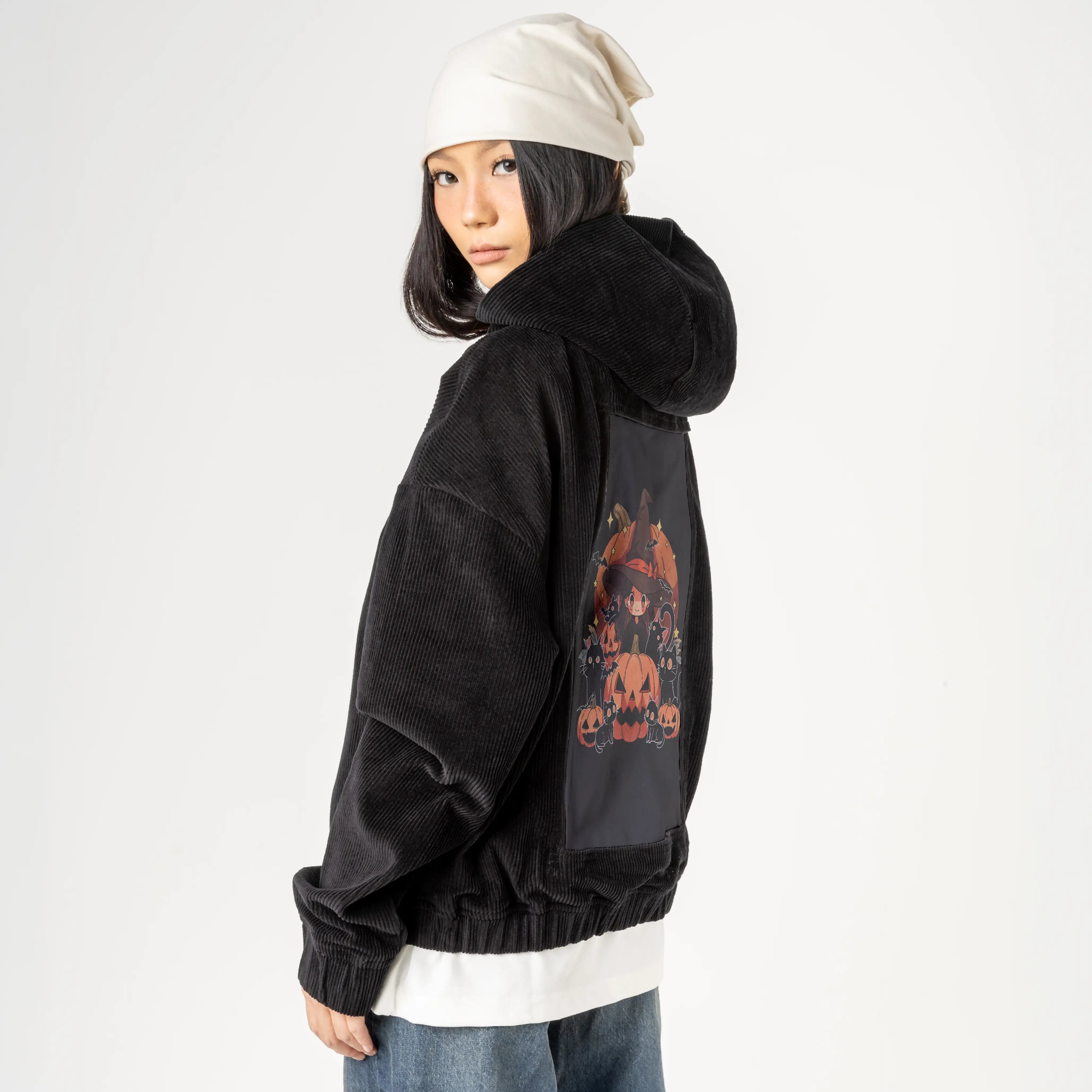 spellboundkitties patch on female retro cord hoodie in onyx