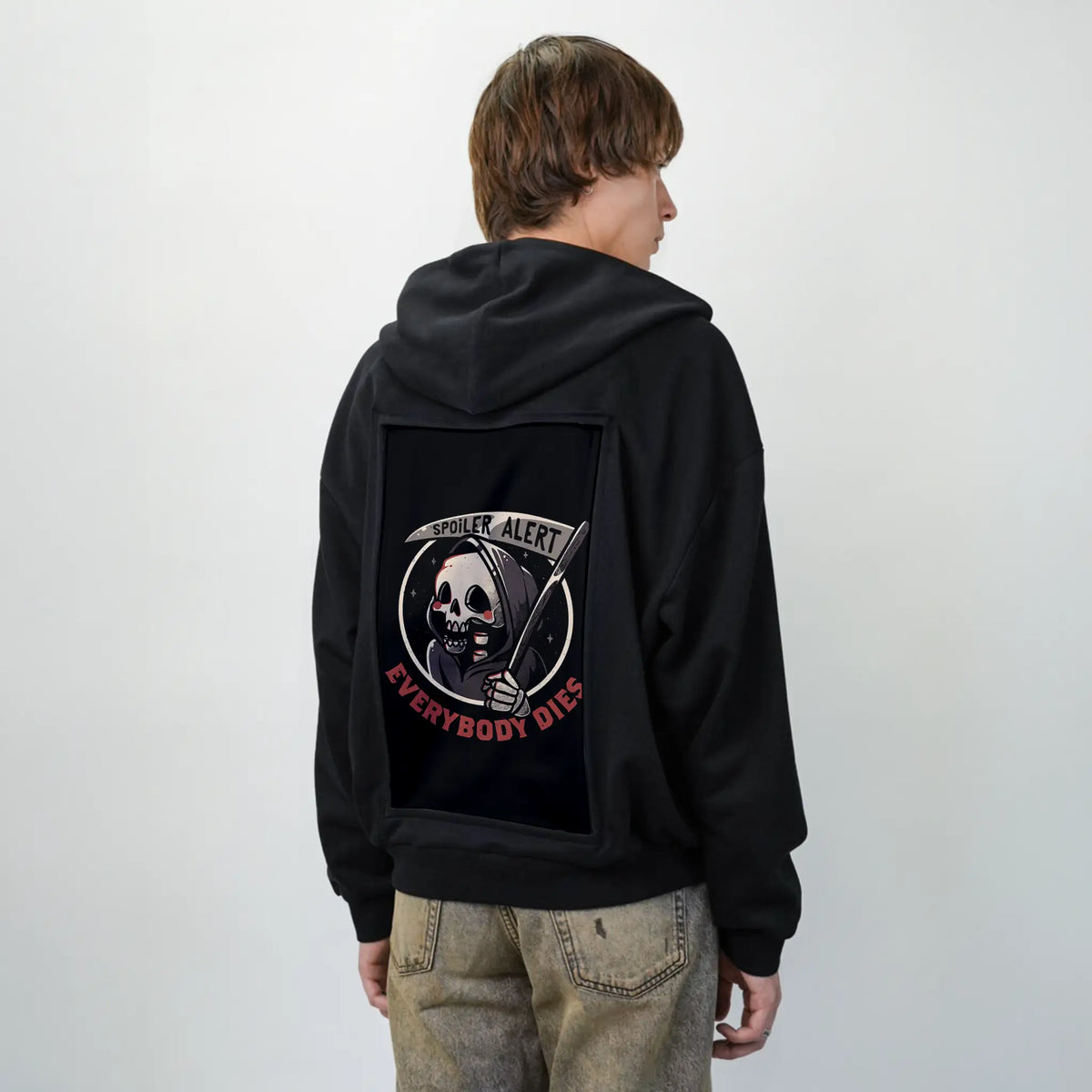 spoileralert patch on male essential zip hoodie in after hours