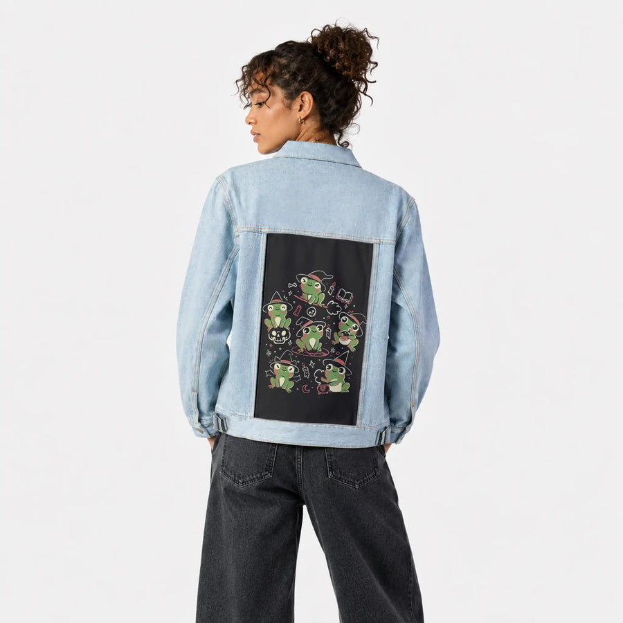 spookyfrogs patch on female og denim jacket in oceanside