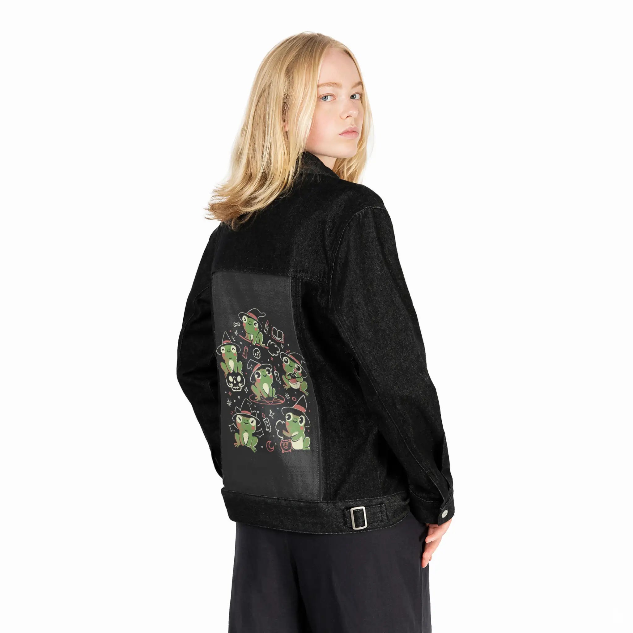 spookyfrogs patch on female og denim jacket in raven