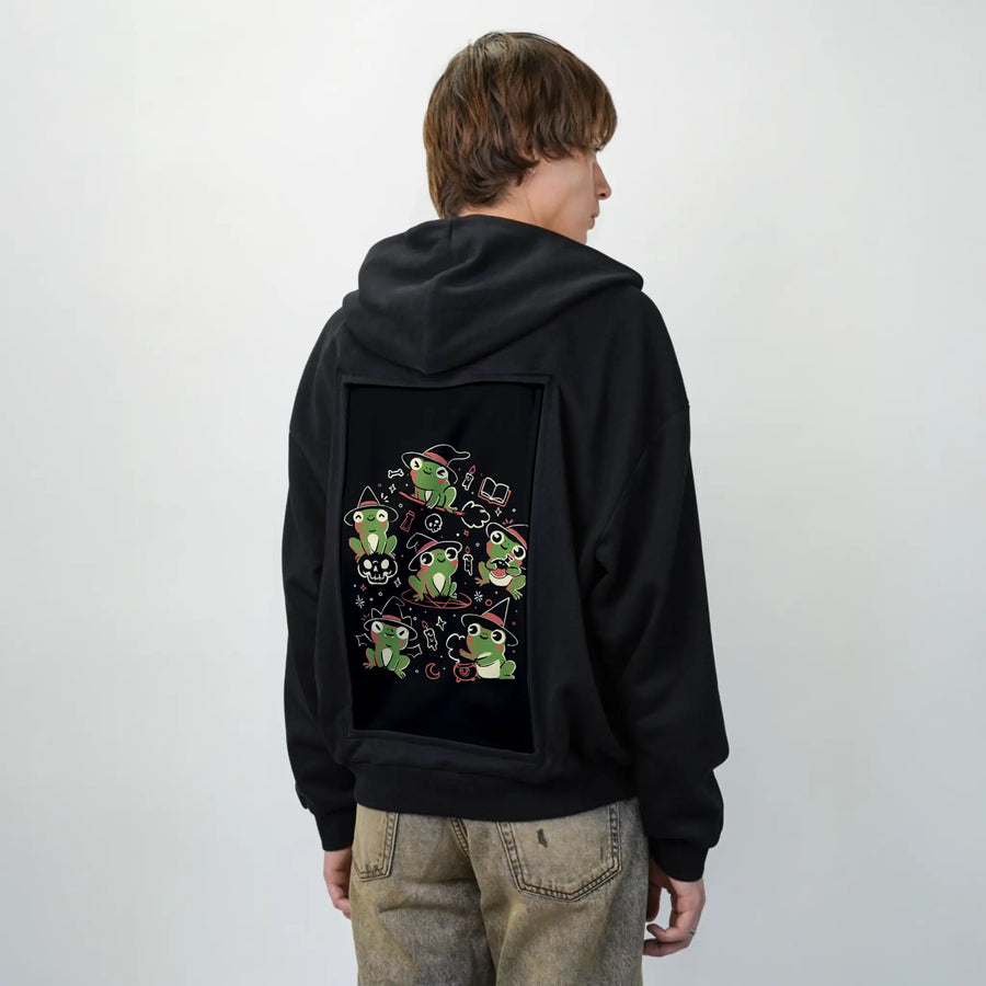 spookyfrogs patch on male essential zip hoodie in after hours