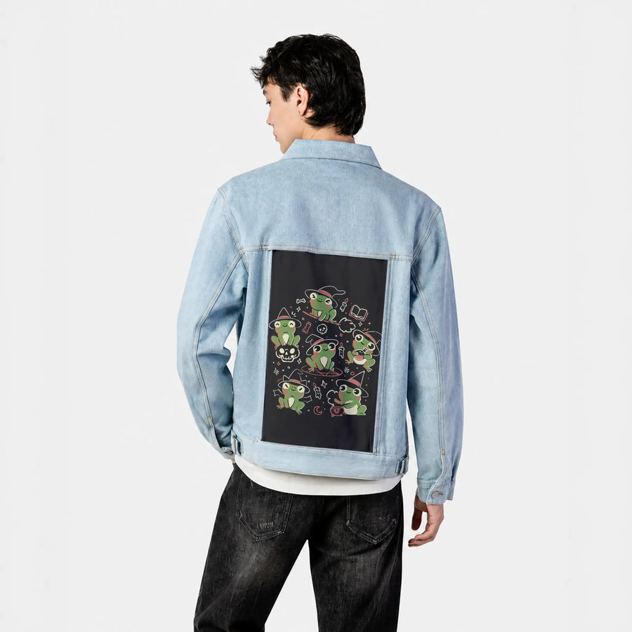 spookyfrogs patch on male og denim jacket in oceanside