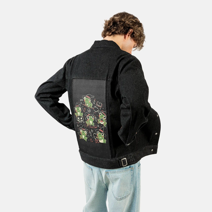 spookyfrogs patch on male og denim jacket in raven
