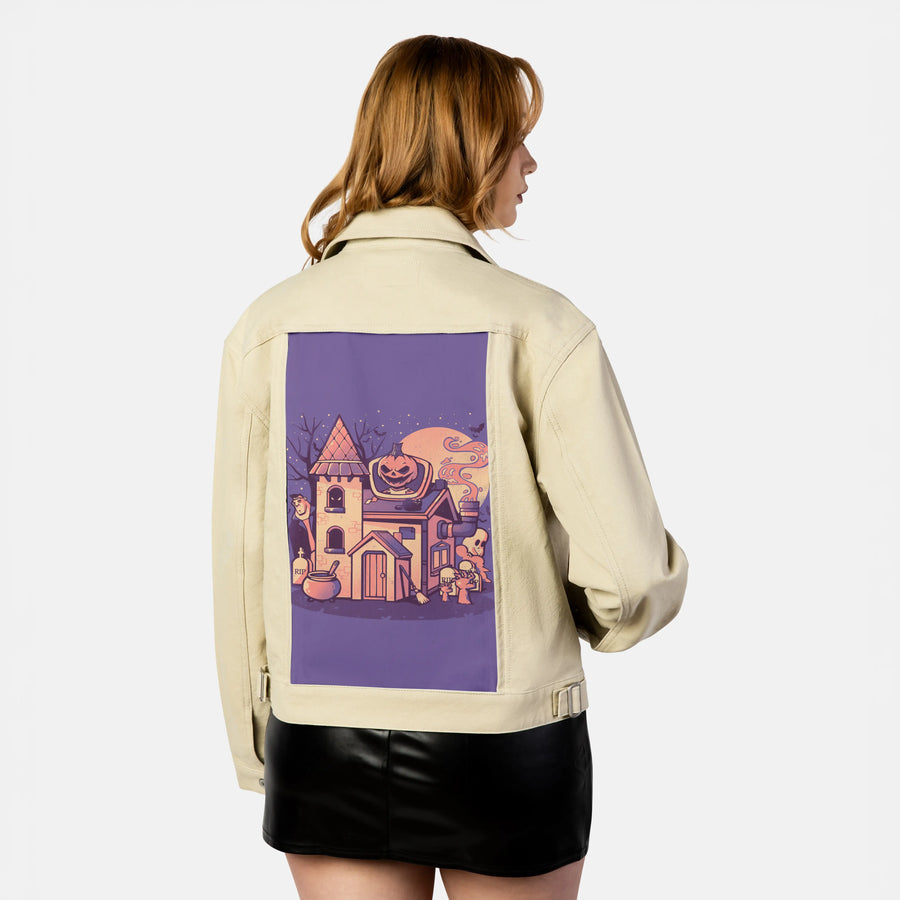 spookyhouse patch on female atelier canvas jacket in tan