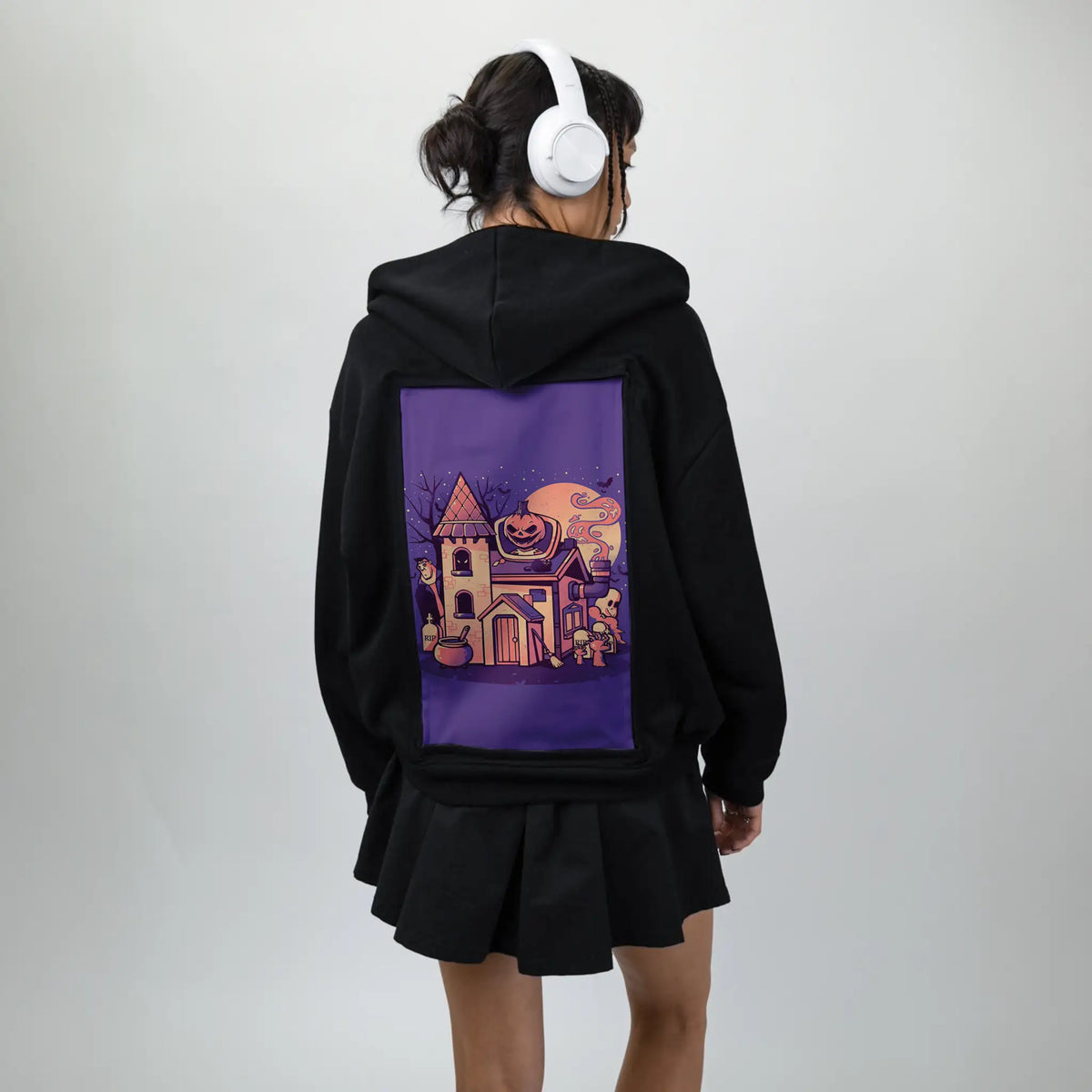 spookyhouse patch on female essential zip hoodie in after hours