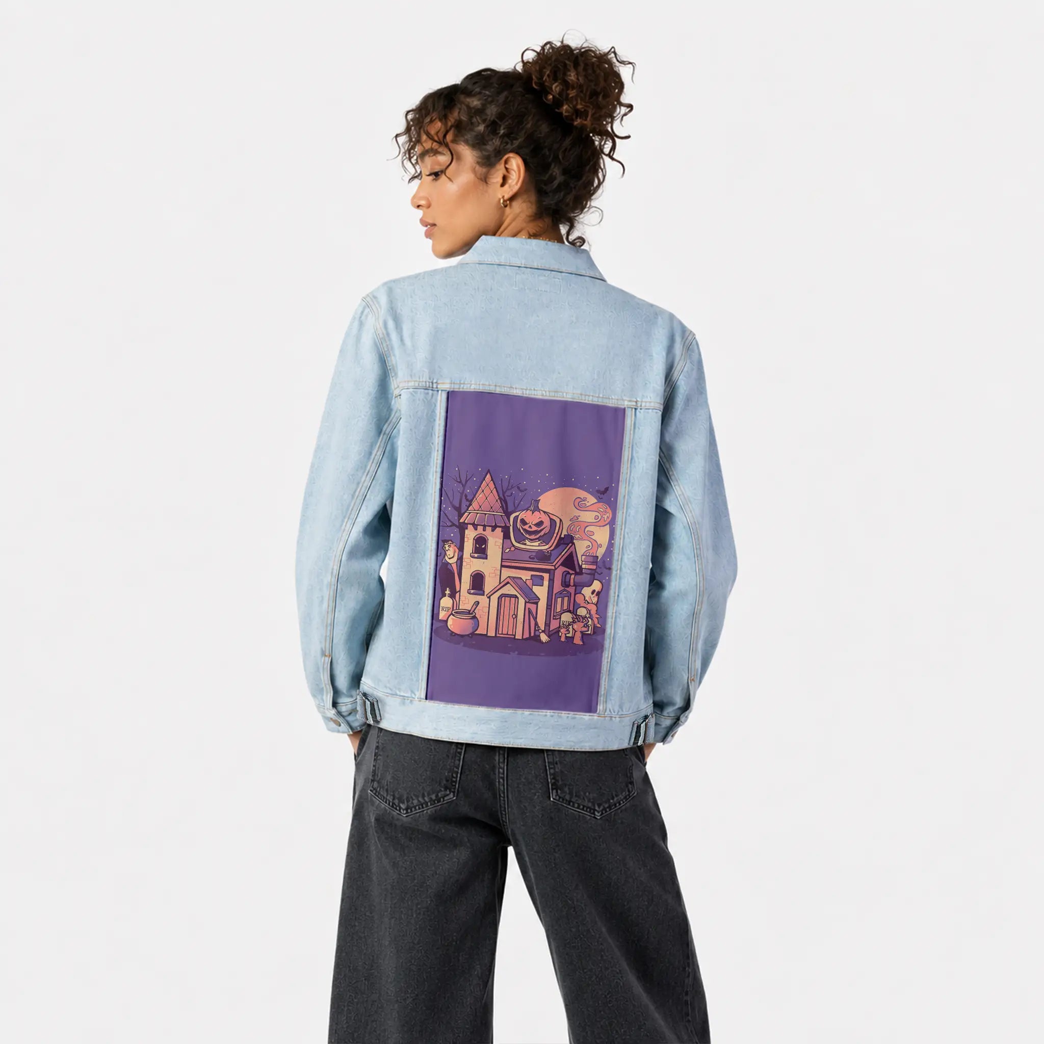 spookyhouse patch on female og denim jacket in oceanside