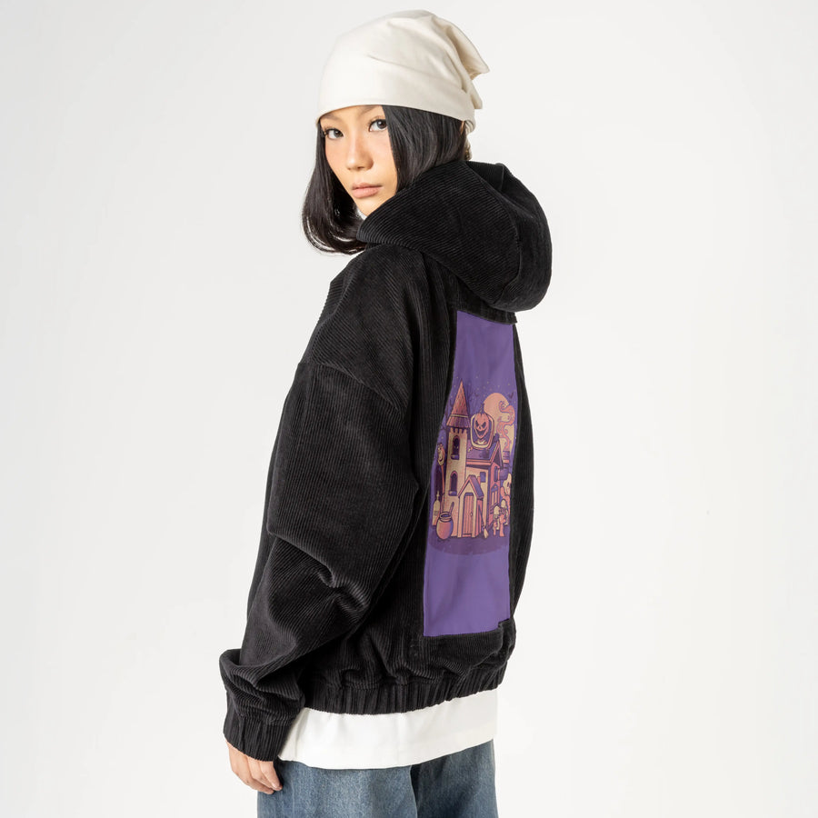 spookyhouse patch on female retro cord hoodie in onyx