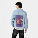 spookyhouse patch on male og denim jacket in oceanside