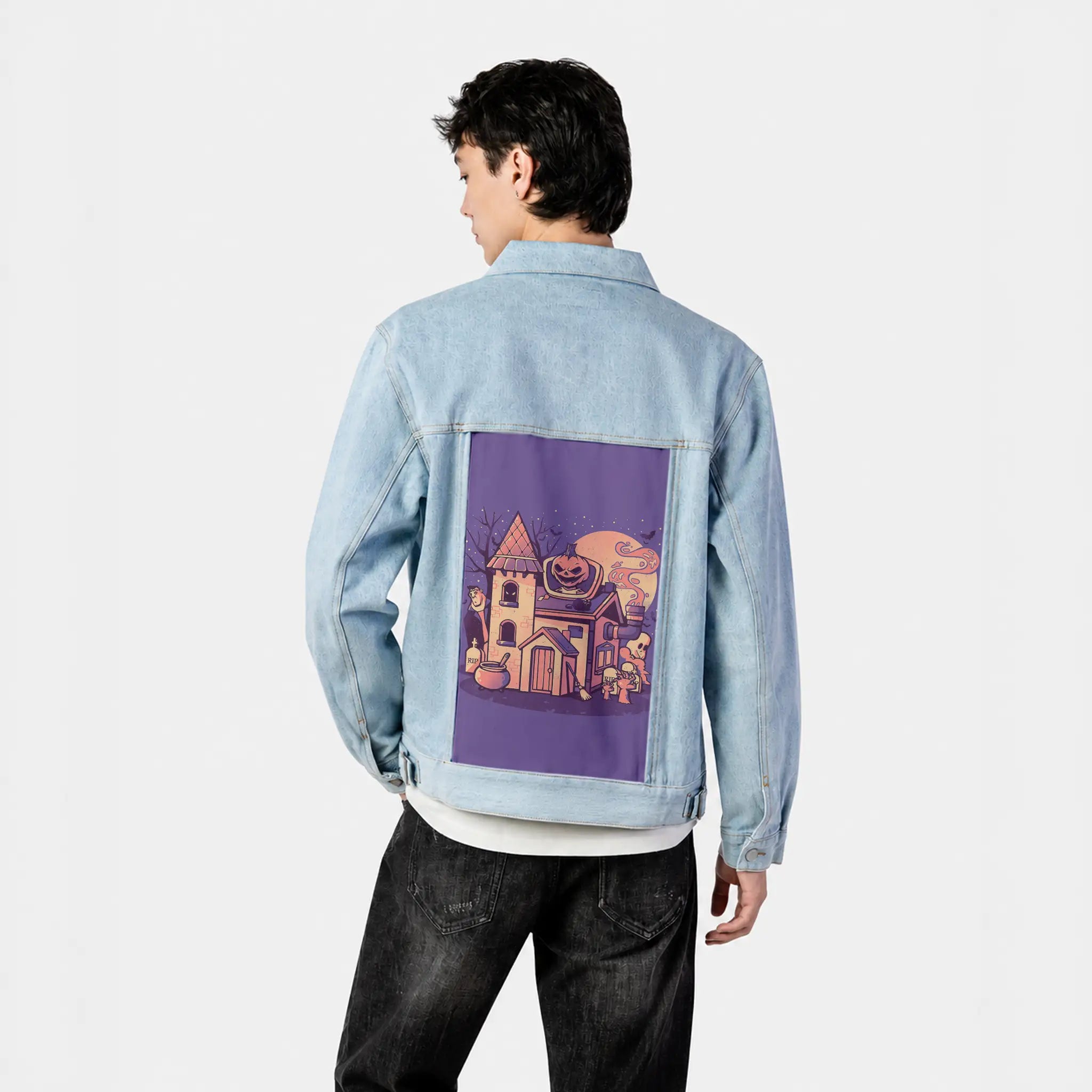 spookyhouse patch on male og denim jacket in oceanside