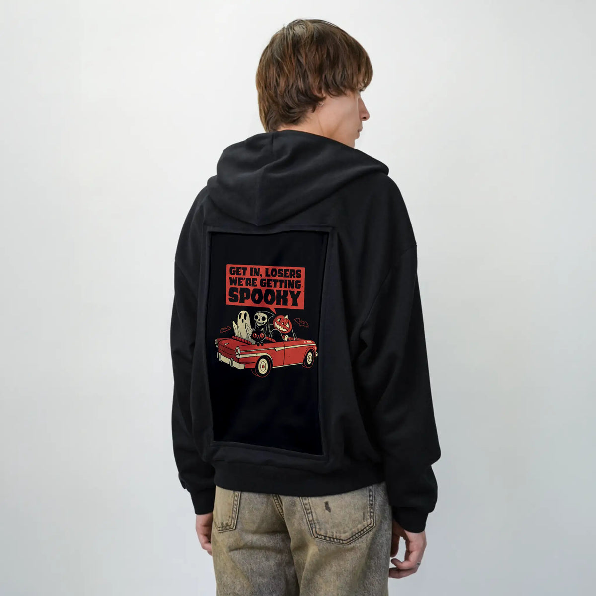 spookyroadtrip patch on male essential zip hoodie in after hours