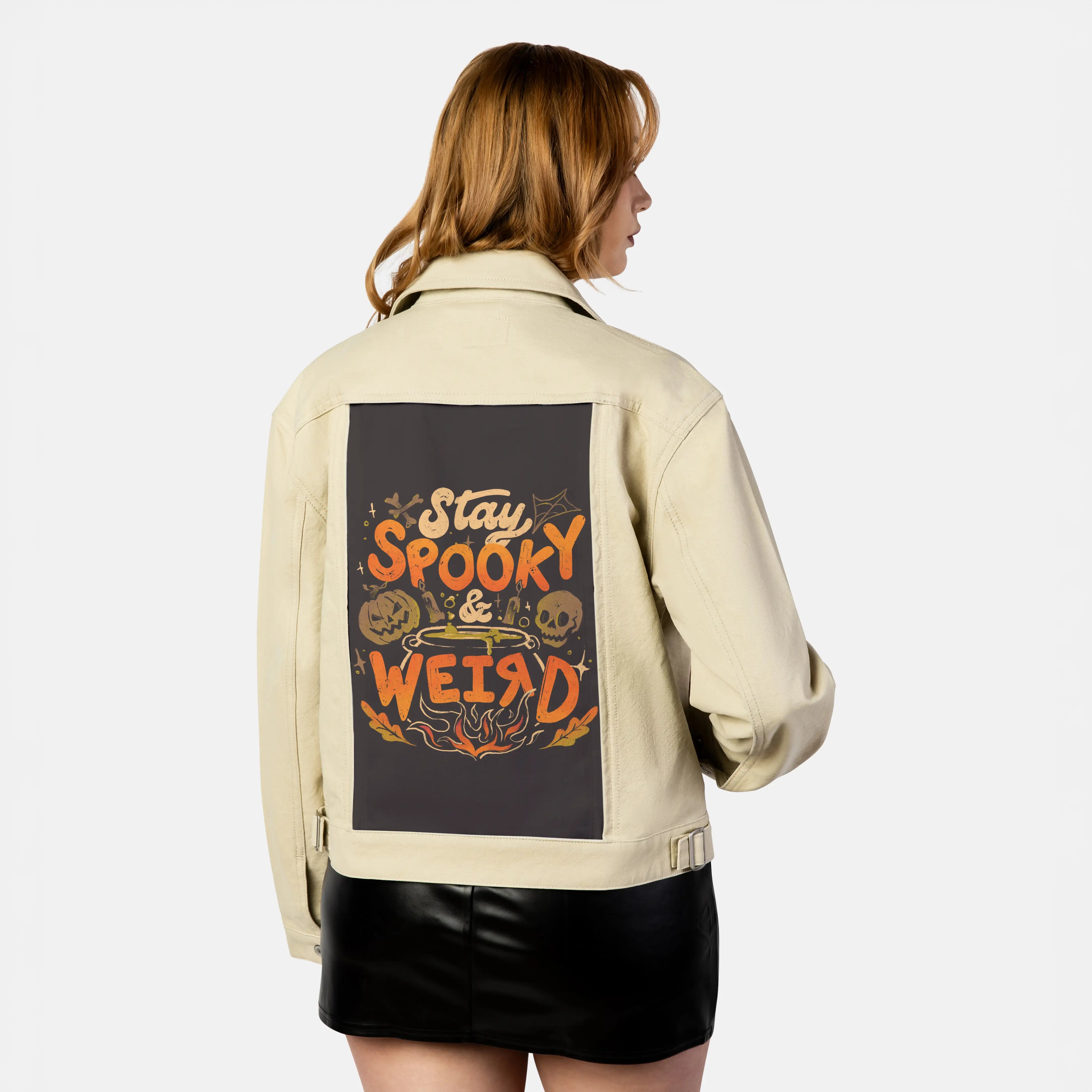 spookyweird patch on female atelier canvas jacket in tan