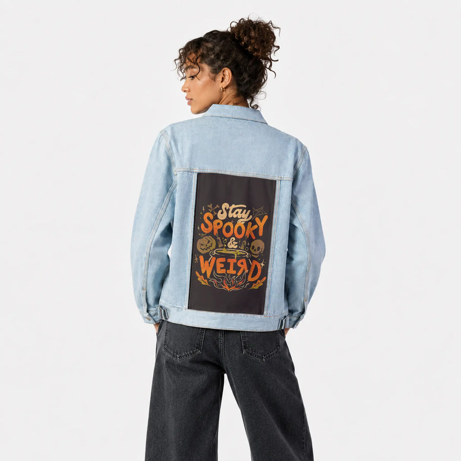 spookyweird patch on female og denim jacket in oceanside
