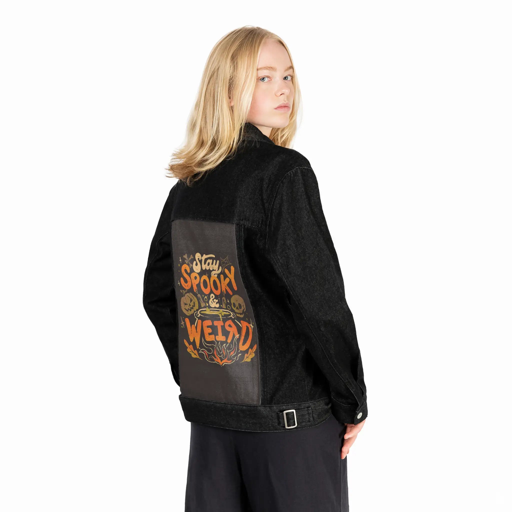 spookyweird patch on female og denim jacket in raven