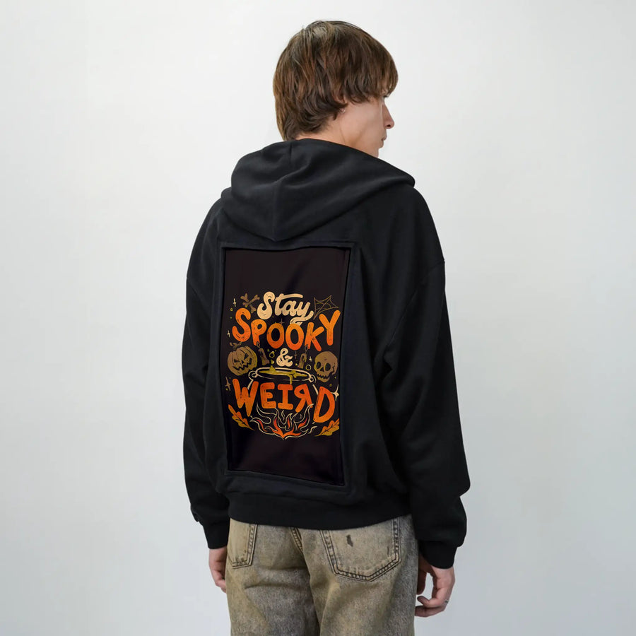 spookyweird patch on male essential zip hoodie in after hours