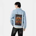 spookyweird patch on male og denim jacket in oceanside