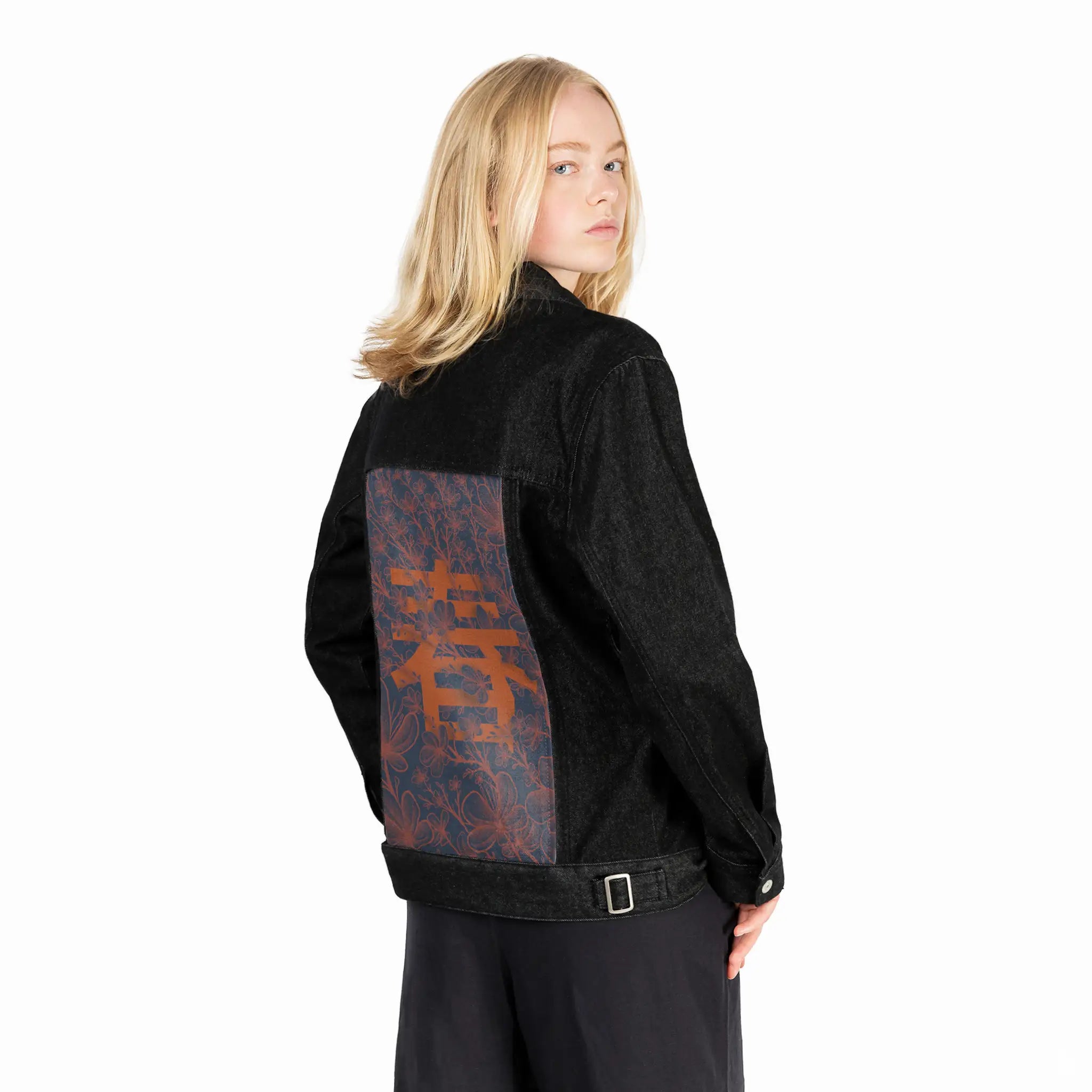 spring patch on female og denim jacket in raven