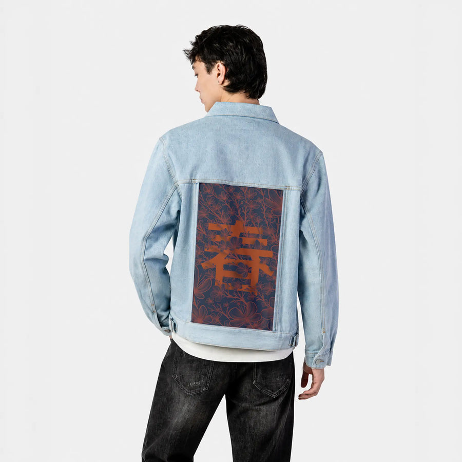 spring patch on male og denim jacket in oceanside