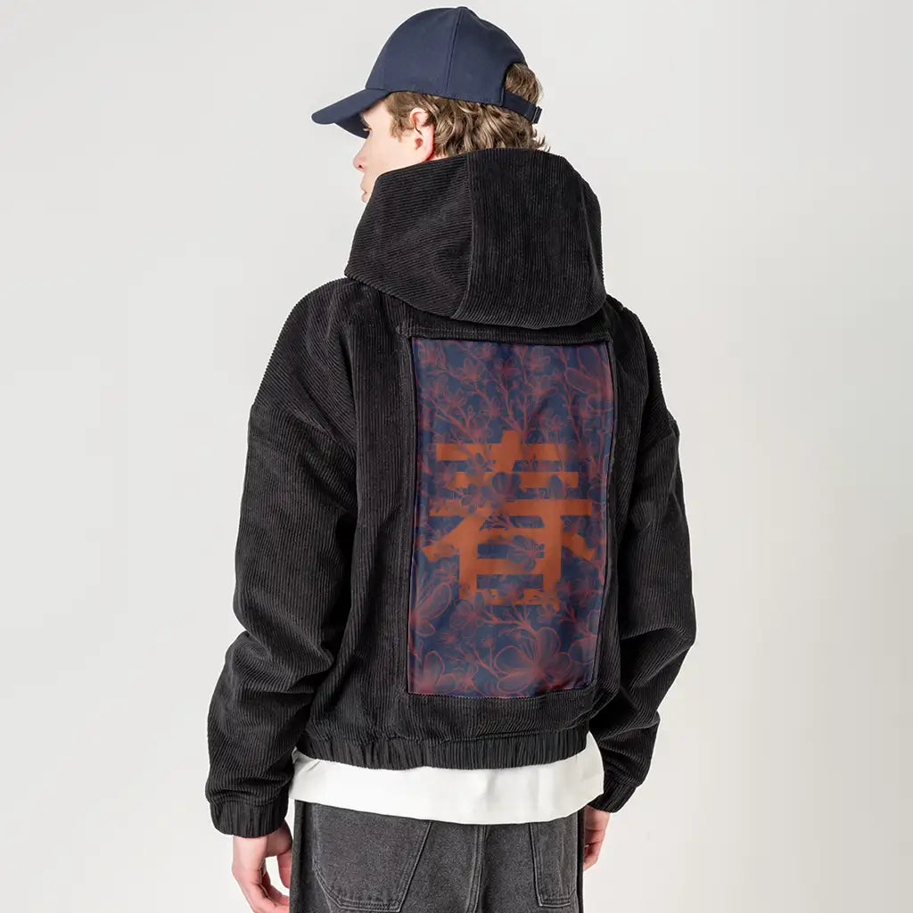 spring patch on male retro cord hoodie in onyx