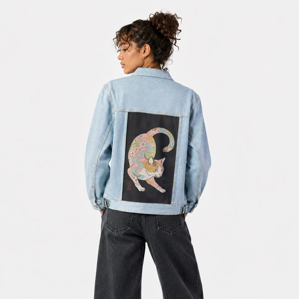 springkitty patch on female og denim jacket in oceanside