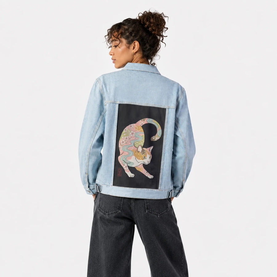 springkitty patch on female og denim jacket in oceanside