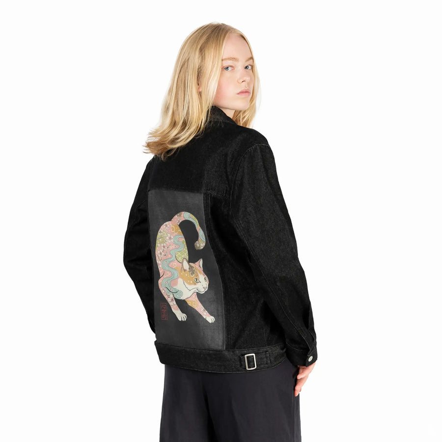 springkitty patch on female og denim jacket in raven