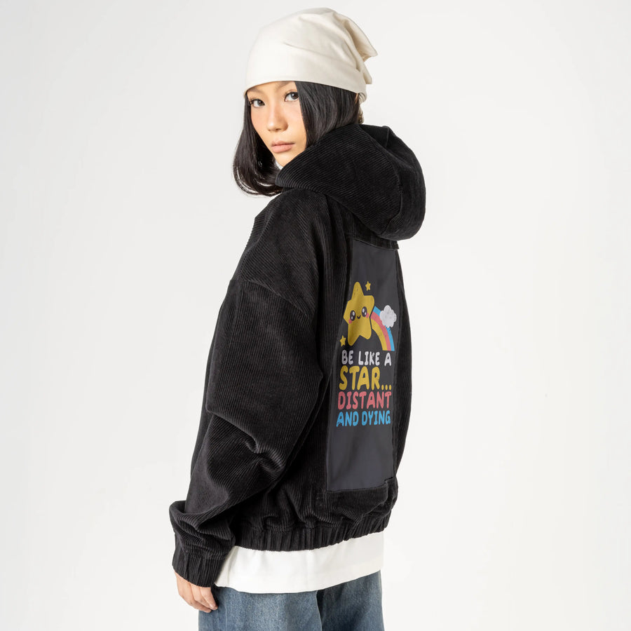 starshine patch on female retro cord hoodie in onyx