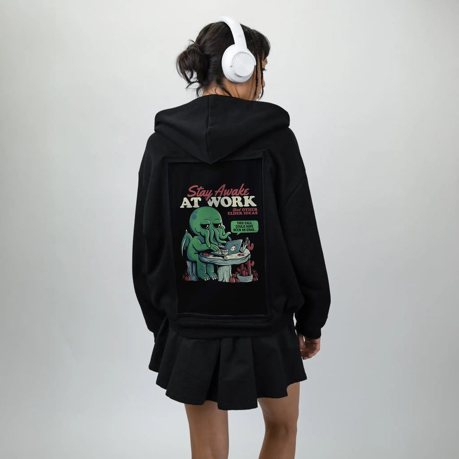 stayawakeatwork patch on female essential zip hoodie in after hours