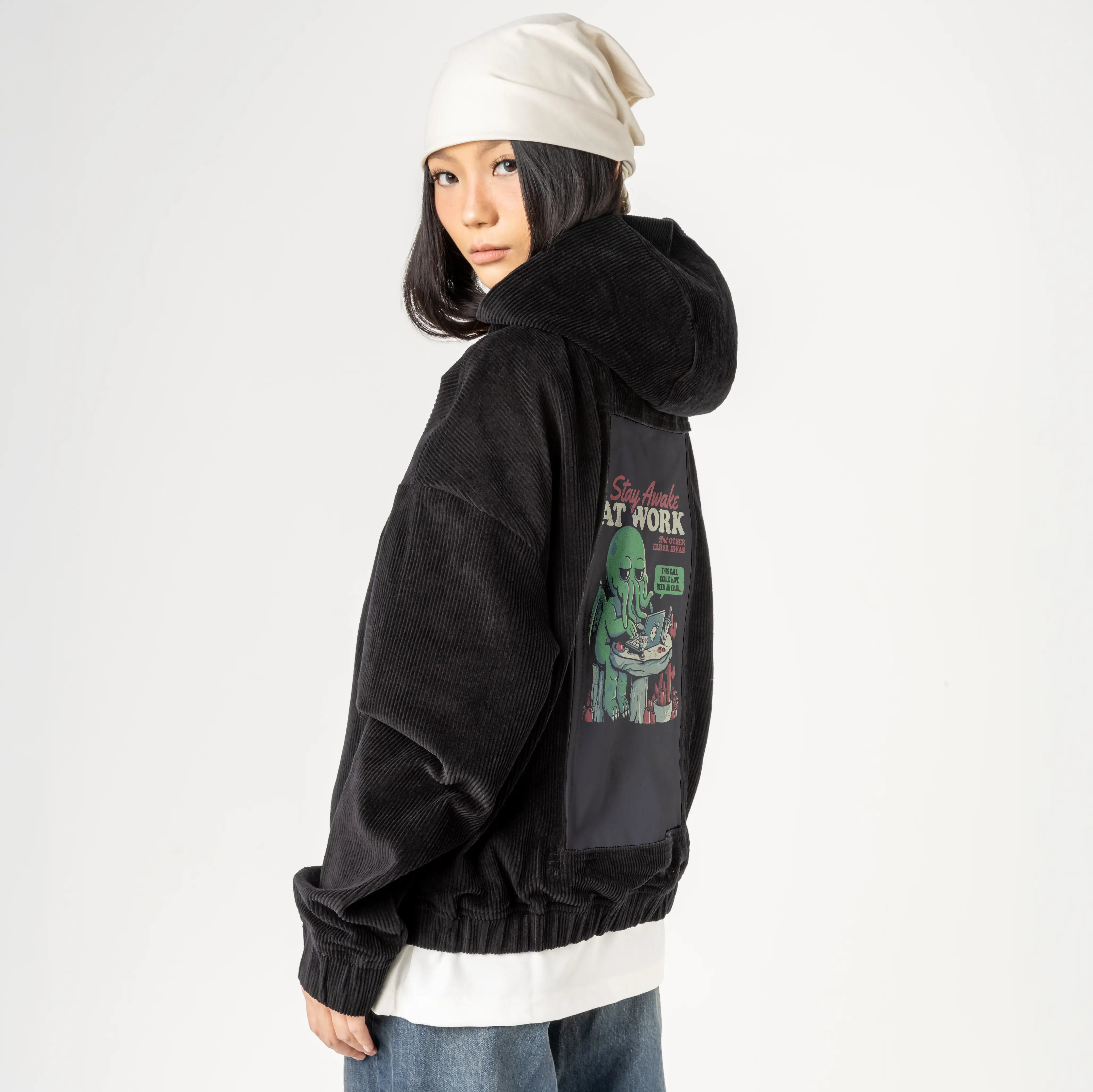stayawakeatwork patch on female retro cord hoodie in onyx